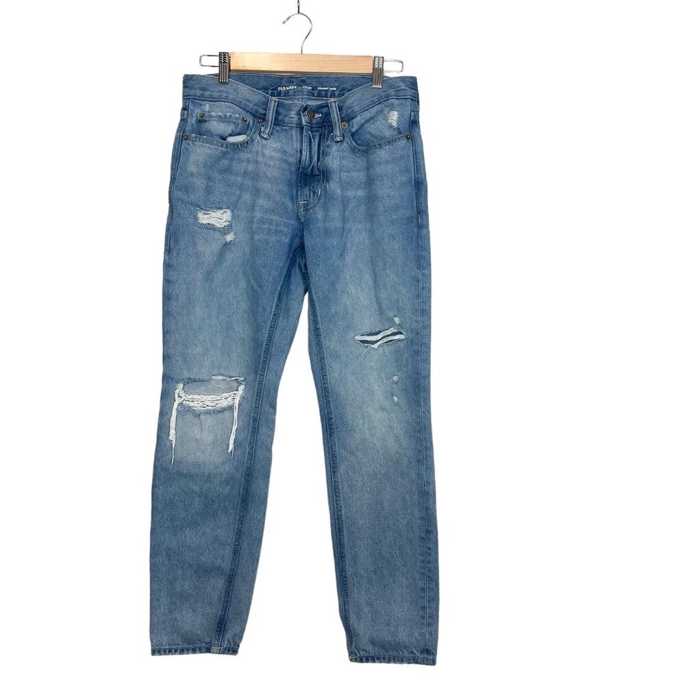 Old Navy Ripped Straight Taper Jeans Distressed Light Wash Denim